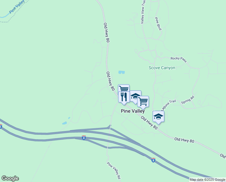 map of restaurants, bars, coffee shops, grocery stores, and more near 28765 Old Highway 80 in Pine Valley