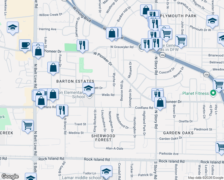 map of restaurants, bars, coffee shops, grocery stores, and more near 725 Wyche Drive in Irving