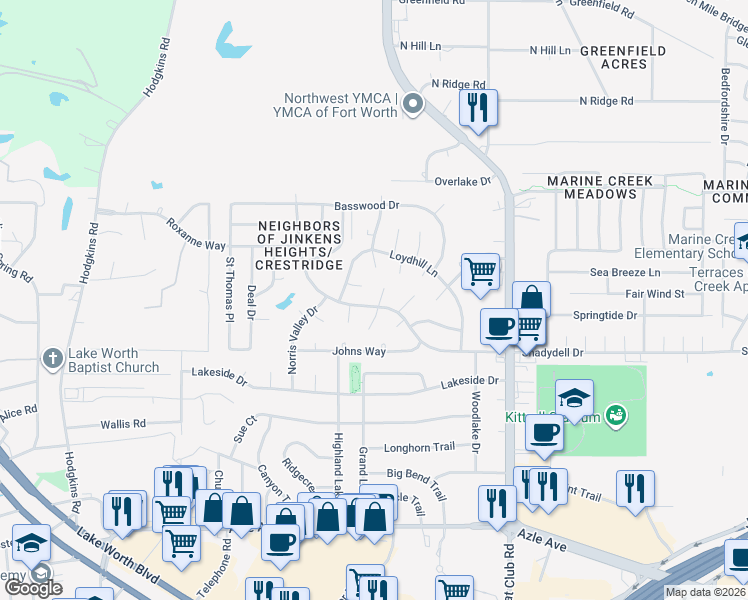 map of restaurants, bars, coffee shops, grocery stores, and more near 4801 Jaycrest Court in Fort Worth