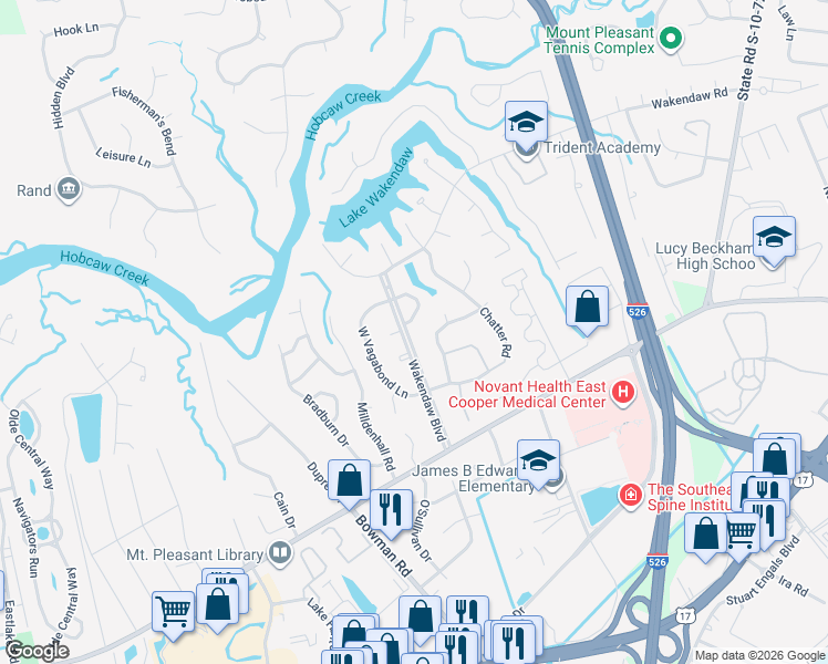map of restaurants, bars, coffee shops, grocery stores, and more near 1341 East Vagabond Lane in Mount Pleasant