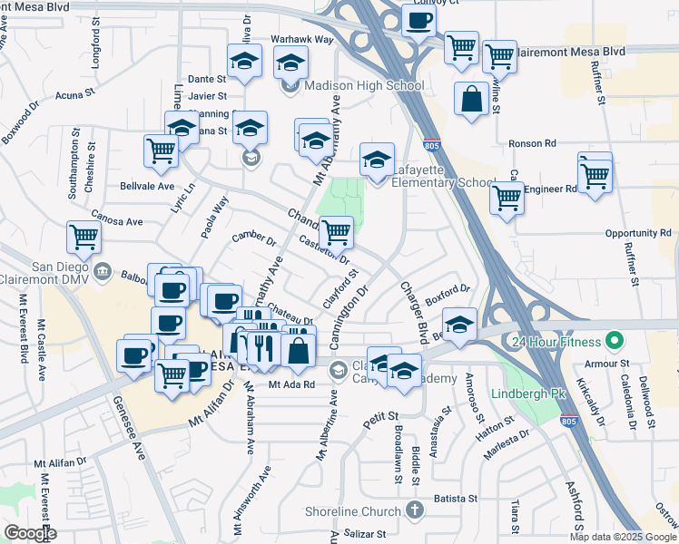 map of restaurants, bars, coffee shops, grocery stores, and more near 6076 Castleton Drive in San Diego