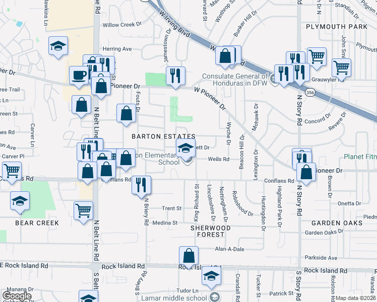 map of restaurants, bars, coffee shops, grocery stores, and more near 2917 Pritchett Drive in Irving