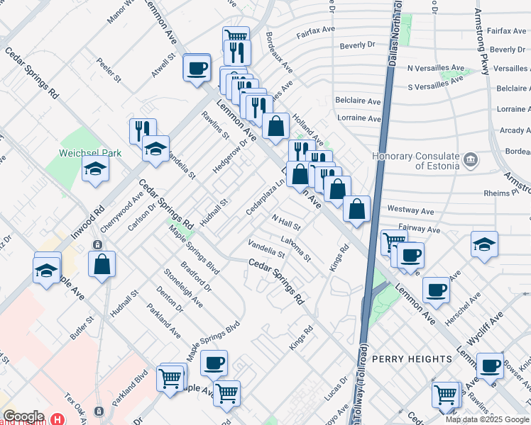 map of restaurants, bars, coffee shops, grocery stores, and more near 3357 Cedarplaza Lane in Dallas