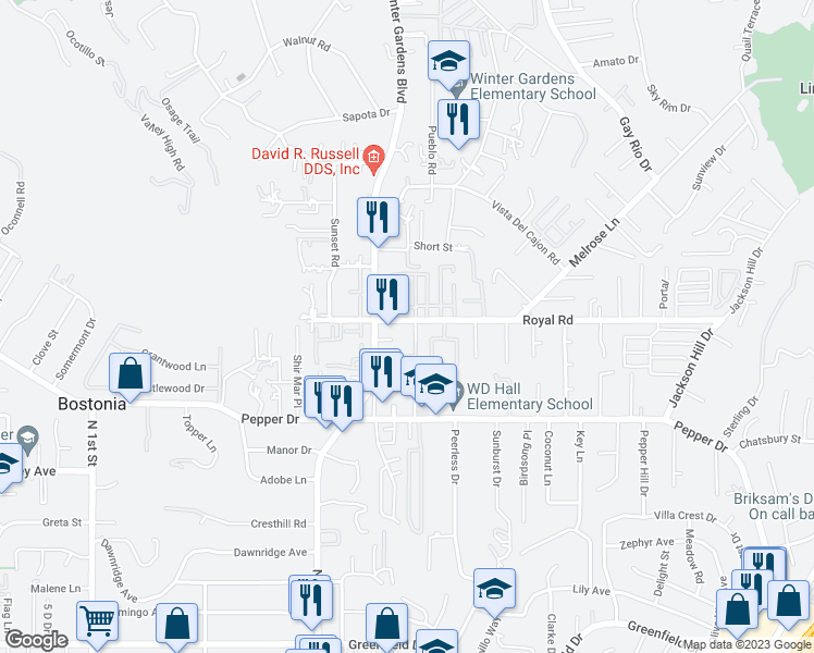map of restaurants, bars, coffee shops, grocery stores, and more near 12027 Royal Road in El Cajon