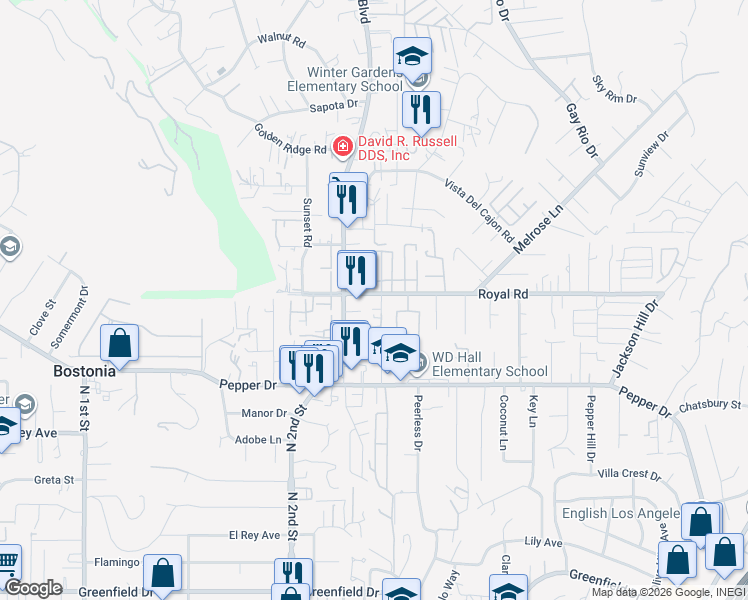 map of restaurants, bars, coffee shops, grocery stores, and more near 12020 Royal Road in Lakeside
