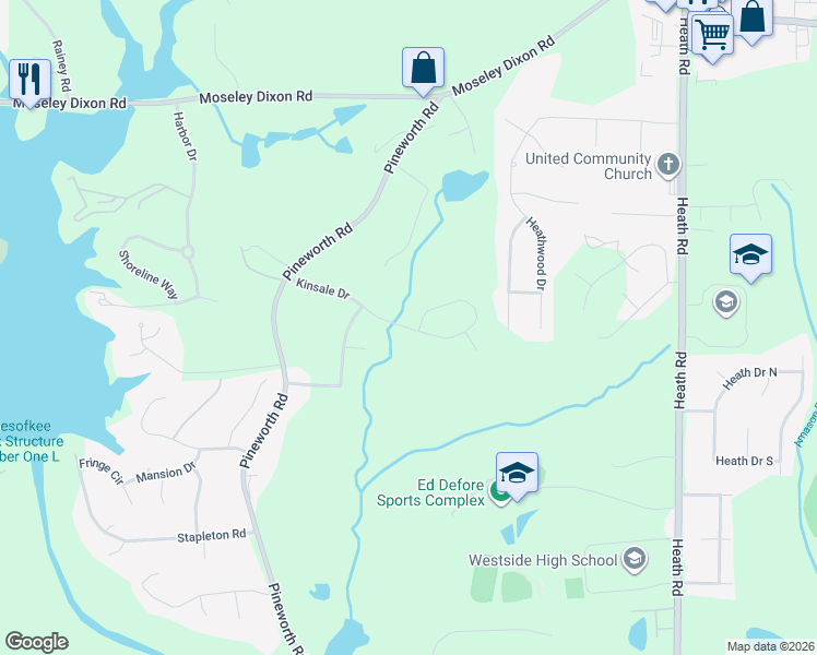 map of restaurants, bars, coffee shops, grocery stores, and more near 2600 Pineworth Road in Macon