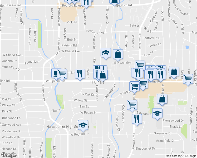 map of restaurants, bars, coffee shops, grocery stores, and more near 200 West Pipeline Road in Hurst