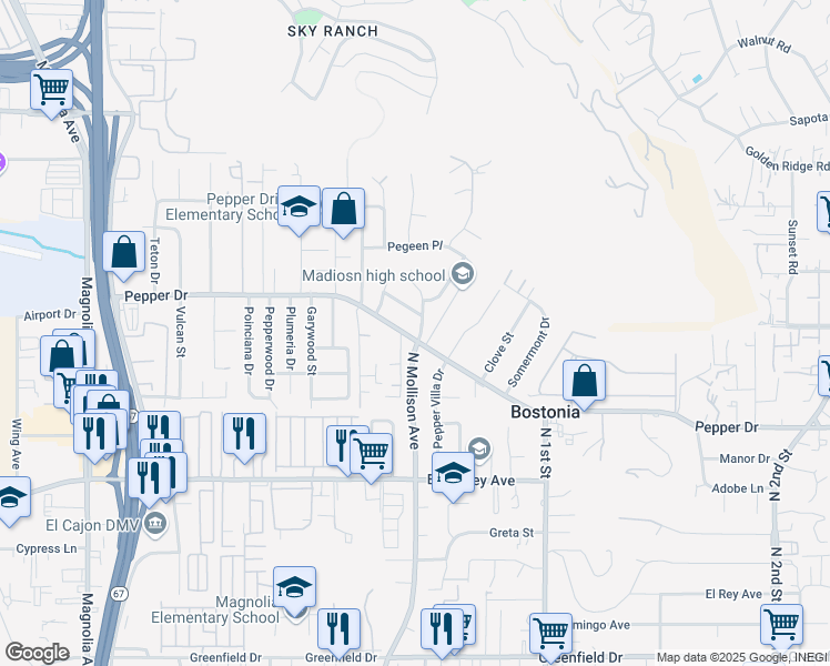 map of restaurants, bars, coffee shops, grocery stores, and more near 850 Pepper Drive in El Cajon