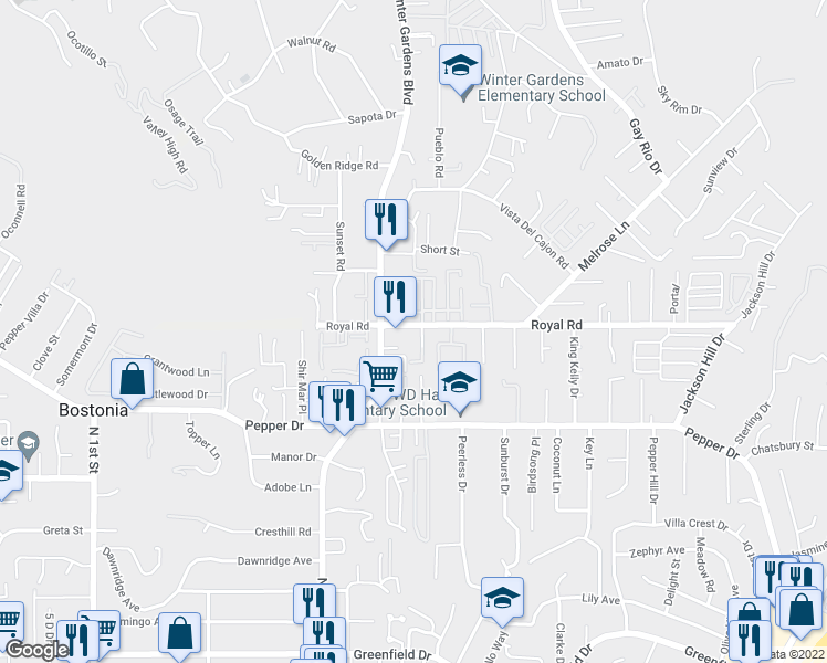 map of restaurants, bars, coffee shops, grocery stores, and more near 12020 Royal Road in Lakeside