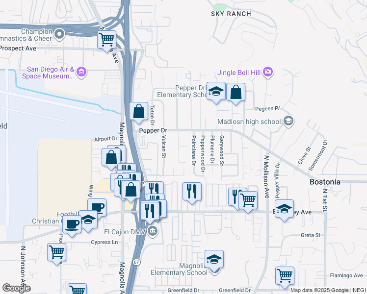 map of restaurants, bars, coffee shops, grocery stores, and more near 1760 Poinciana Drive in El Cajon