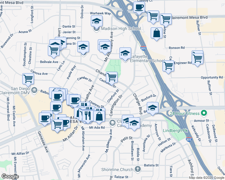 map of restaurants, bars, coffee shops, grocery stores, and more near 6076 Castleton Drive in San Diego