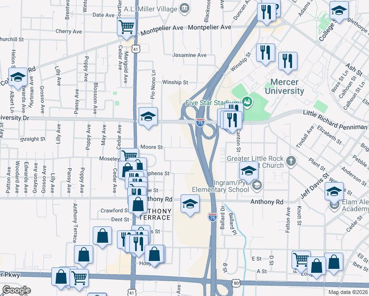 map of restaurants, bars, coffee shops, grocery stores, and more near 1859 Moore Street in Macon