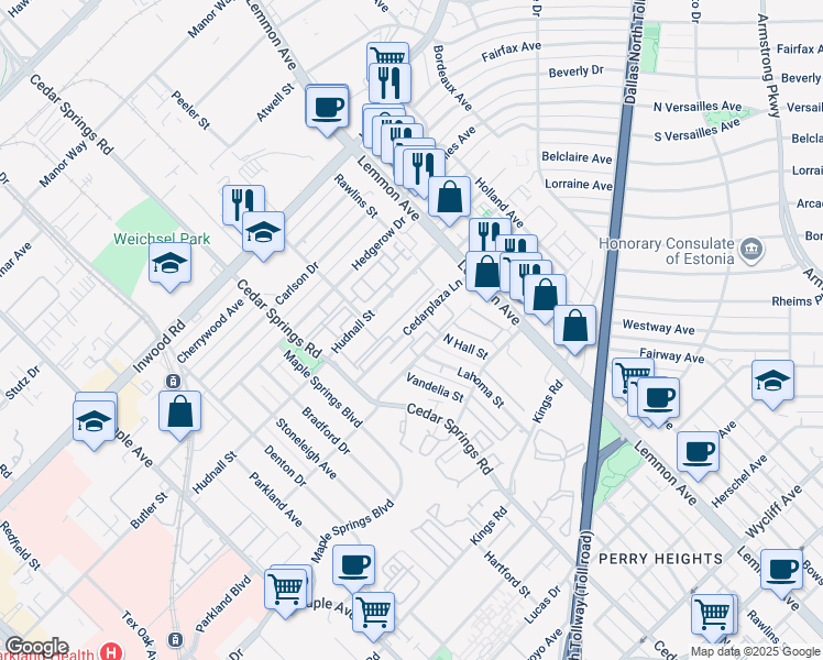 map of restaurants, bars, coffee shops, grocery stores, and more near 3357 Cedarplaza Lane in Dallas