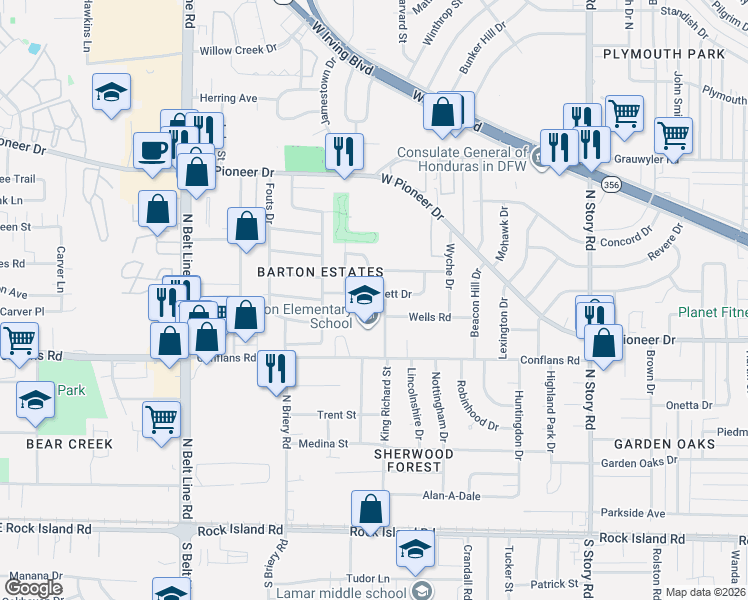 map of restaurants, bars, coffee shops, grocery stores, and more near 2917 Pritchett Drive in Irving