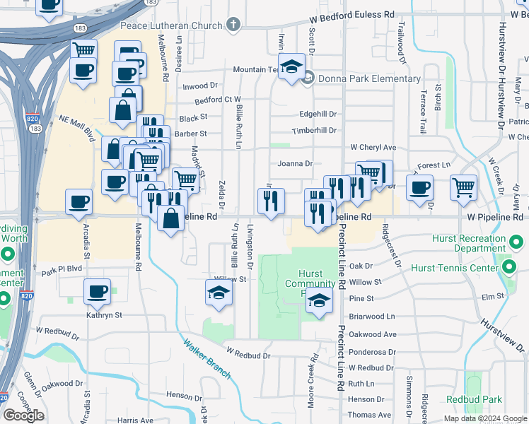 map of restaurants, bars, coffee shops, grocery stores, and more near 813 Irwin Drive in Hurst