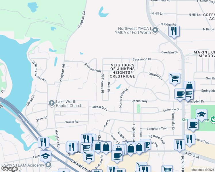 map of restaurants, bars, coffee shops, grocery stores, and more near 4808 Deal Drive in Fort Worth