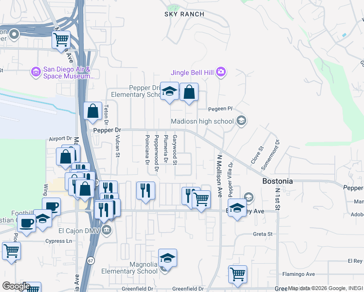 map of restaurants, bars, coffee shops, grocery stores, and more near 1718 Outer Drive in El Cajon