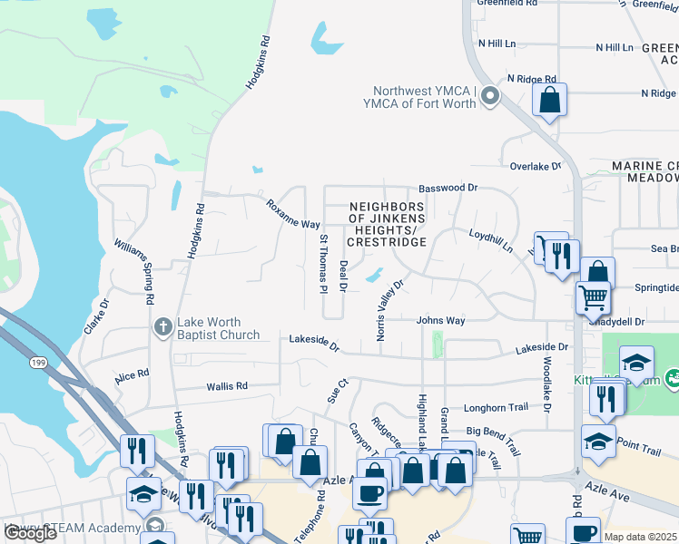 map of restaurants, bars, coffee shops, grocery stores, and more near 4717 Deal Drive in Fort Worth