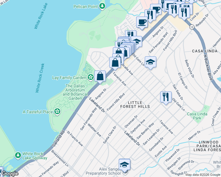 map of restaurants, bars, coffee shops, grocery stores, and more near 8808 Angora Street in Dallas