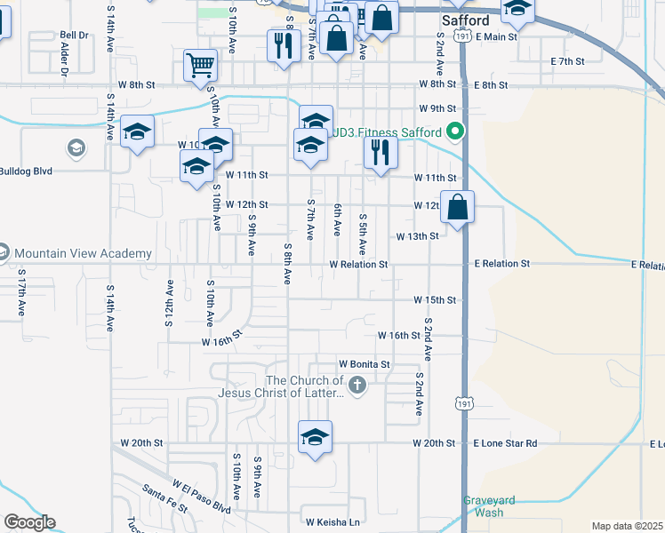 map of restaurants, bars, coffee shops, grocery stores, and more near 603 Relation Street in Safford