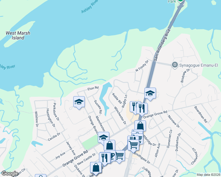 map of restaurants, bars, coffee shops, grocery stores, and more near 1292 Winchester Drive in Charleston