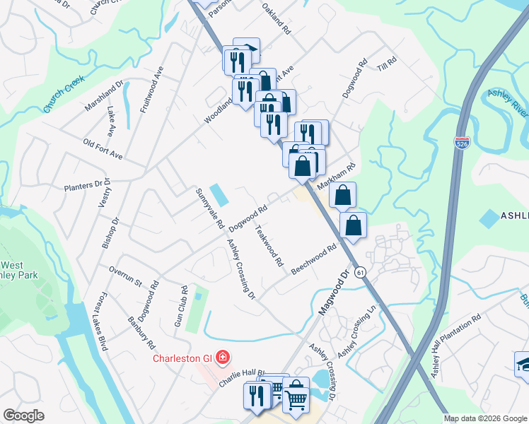 map of restaurants, bars, coffee shops, grocery stores, and more near 2442 Quail Hollow Court in Charleston