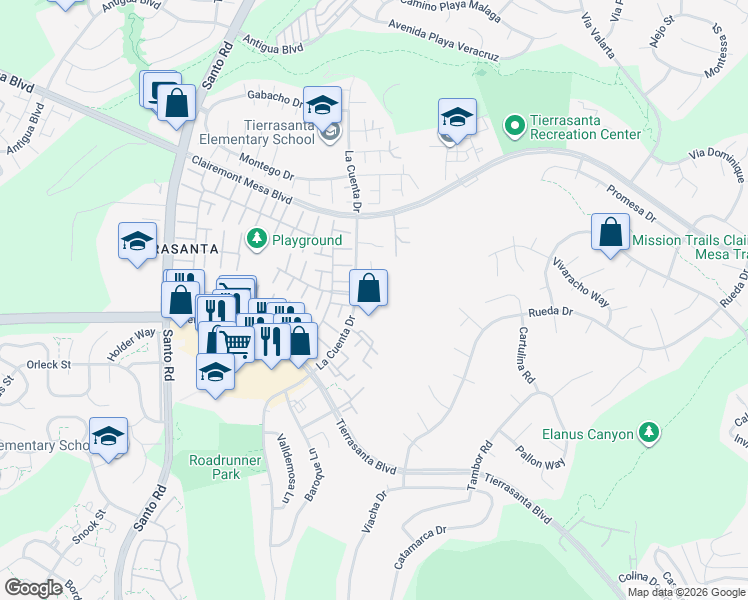 map of restaurants, bars, coffee shops, grocery stores, and more near 5071 La Cuenta Drive in San Diego