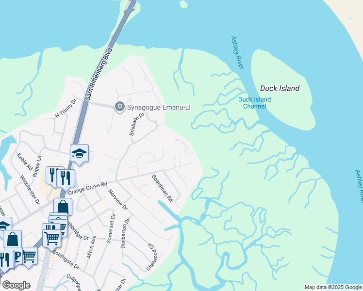 map of restaurants, bars, coffee shops, grocery stores, and more near 452 Saint Charles Court in Charleston