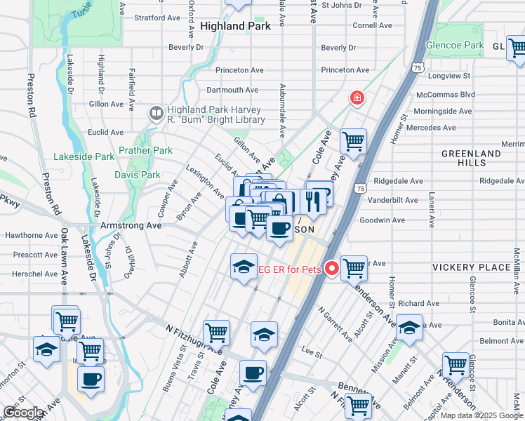 map of restaurants, bars, coffee shops, grocery stores, and more near 4611 Travis Street in Dallas