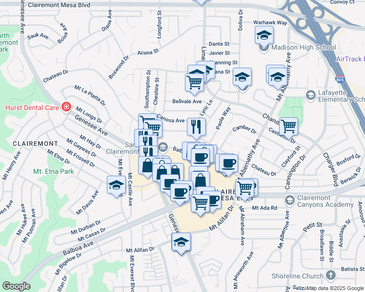map of restaurants, bars, coffee shops, grocery stores, and more near 5202 Balboa Arms Drive in San Diego