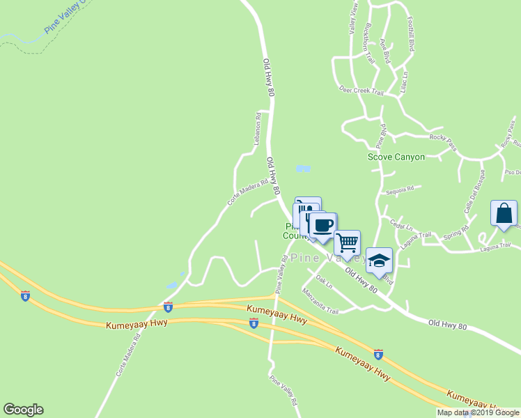 map of restaurants, bars, coffee shops, grocery stores, and more near 7655 Deodar Trail in Pine Valley