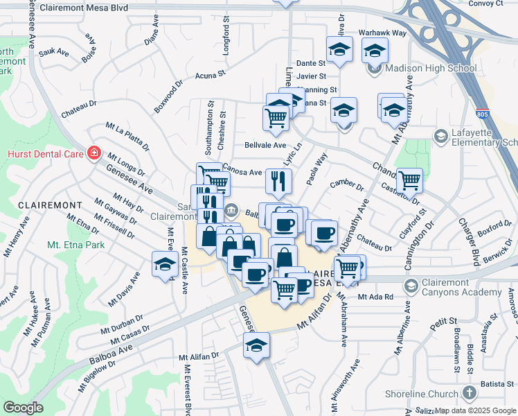map of restaurants, bars, coffee shops, grocery stores, and more near 5252 Balboa Arms Drive in San Diego