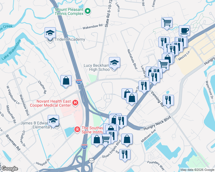 map of restaurants, bars, coffee shops, grocery stores, and more near 2233 Chatelain Way in Mount Pleasant