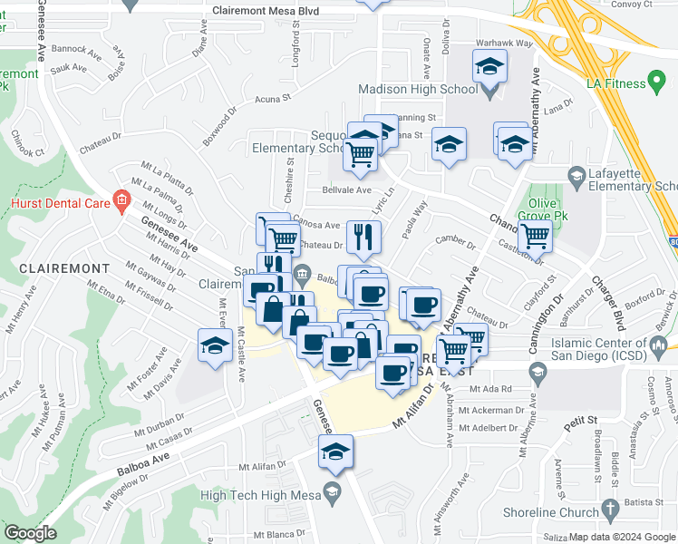 map of restaurants, bars, coffee shops, grocery stores, and more near 5202 Balboa Arms Drive in San Diego