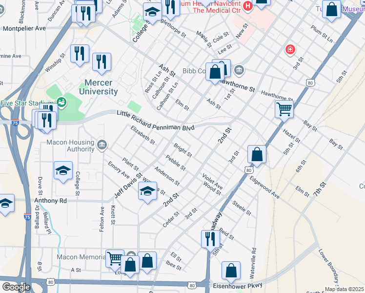 map of restaurants, bars, coffee shops, grocery stores, and more near 1578 Telfair Street in Macon
