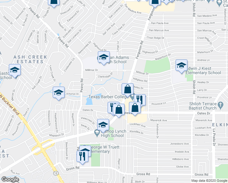 map of restaurants, bars, coffee shops, grocery stores, and more near 2120 Healey Drive in Dallas