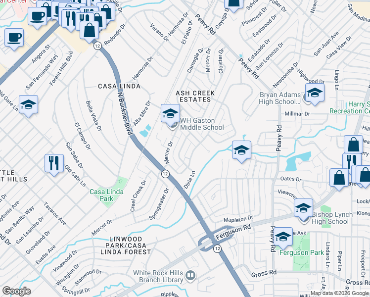 map of restaurants, bars, coffee shops, grocery stores, and more near 1742 Mariposa Drive in Dallas