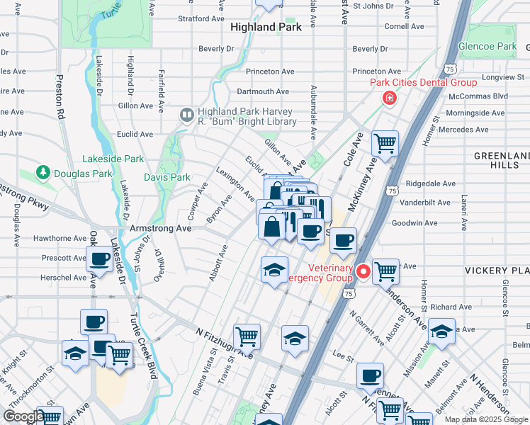 map of restaurants, bars, coffee shops, grocery stores, and more near 4522 Abbott Avenue in Dallas