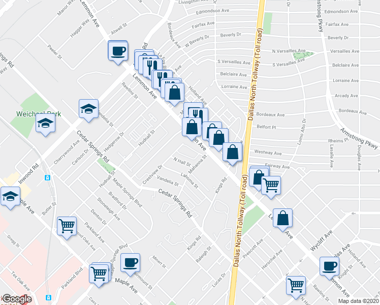 map of restaurants, bars, coffee shops, grocery stores, and more near 3347 Crestview Drive in Dallas