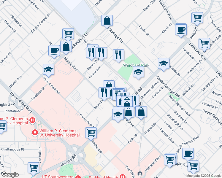 map of restaurants, bars, coffee shops, grocery stores, and more near 2626 Kimsey Drive in Dallas