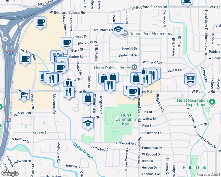 map of restaurants, bars, coffee shops, grocery stores, and more near 813 Irwin Drive in Hurst