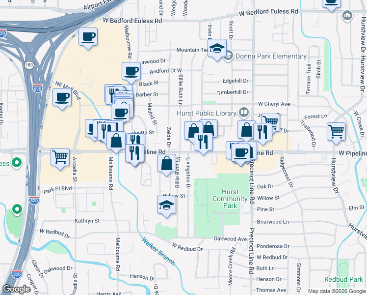 map of restaurants, bars, coffee shops, grocery stores, and more near 812 Billie Ruth Lane in Hurst