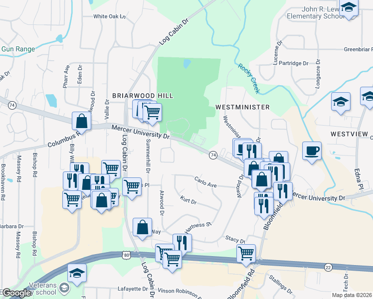 map of restaurants, bars, coffee shops, grocery stores, and more near 3996 Mercer University Drive in Macon