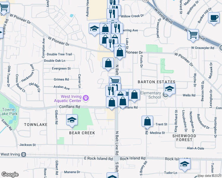 map of restaurants, bars, coffee shops, grocery stores, and more near 3510 San Villa Drive in Irving