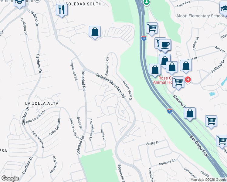 map of restaurants, bars, coffee shops, grocery stores, and more near 2173 Caminito San Martin in San Diego