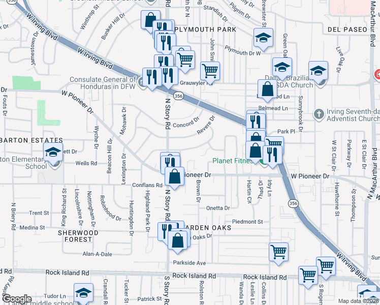 map of restaurants, bars, coffee shops, grocery stores, and more near 2303 Cambridge Drive in Irving