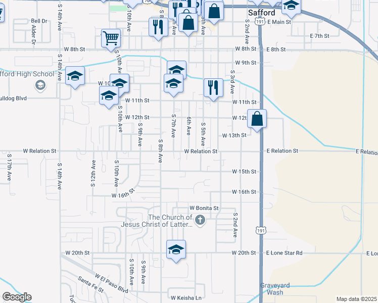 map of restaurants, bars, coffee shops, grocery stores, and more near 603 Relation Street in Safford