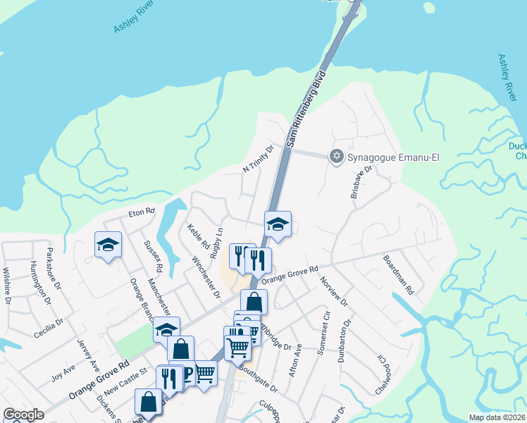 map of restaurants, bars, coffee shops, grocery stores, and more near 1913 Campion Hall Road in Charleston