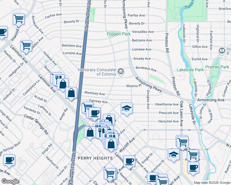 map of restaurants, bars, coffee shops, grocery stores, and more near 4465 Rheims Place in Dallas