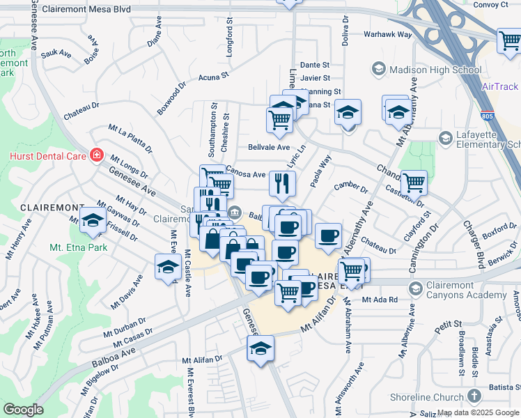 map of restaurants, bars, coffee shops, grocery stores, and more near 5188 Balboa Arms Drive in San Diego
